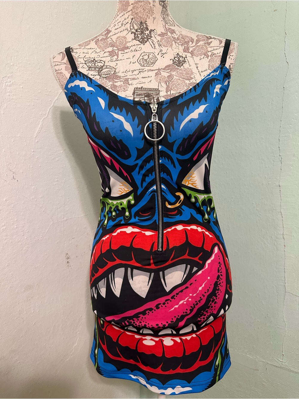 Clubexx Bold monster Multicolor Zip-Front Bodycon Dress small sleeveless rave